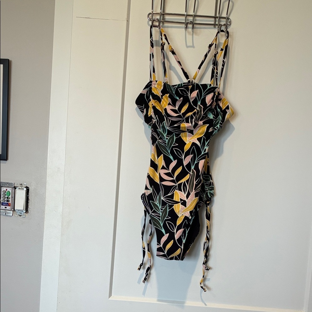 La Vie En Rose Black One-Piece Swimsuit with Pink & Yellow Leaf Print. B17